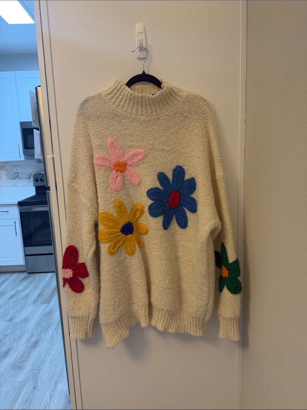 Cream Floral Appliqué Mock Neck Sweater